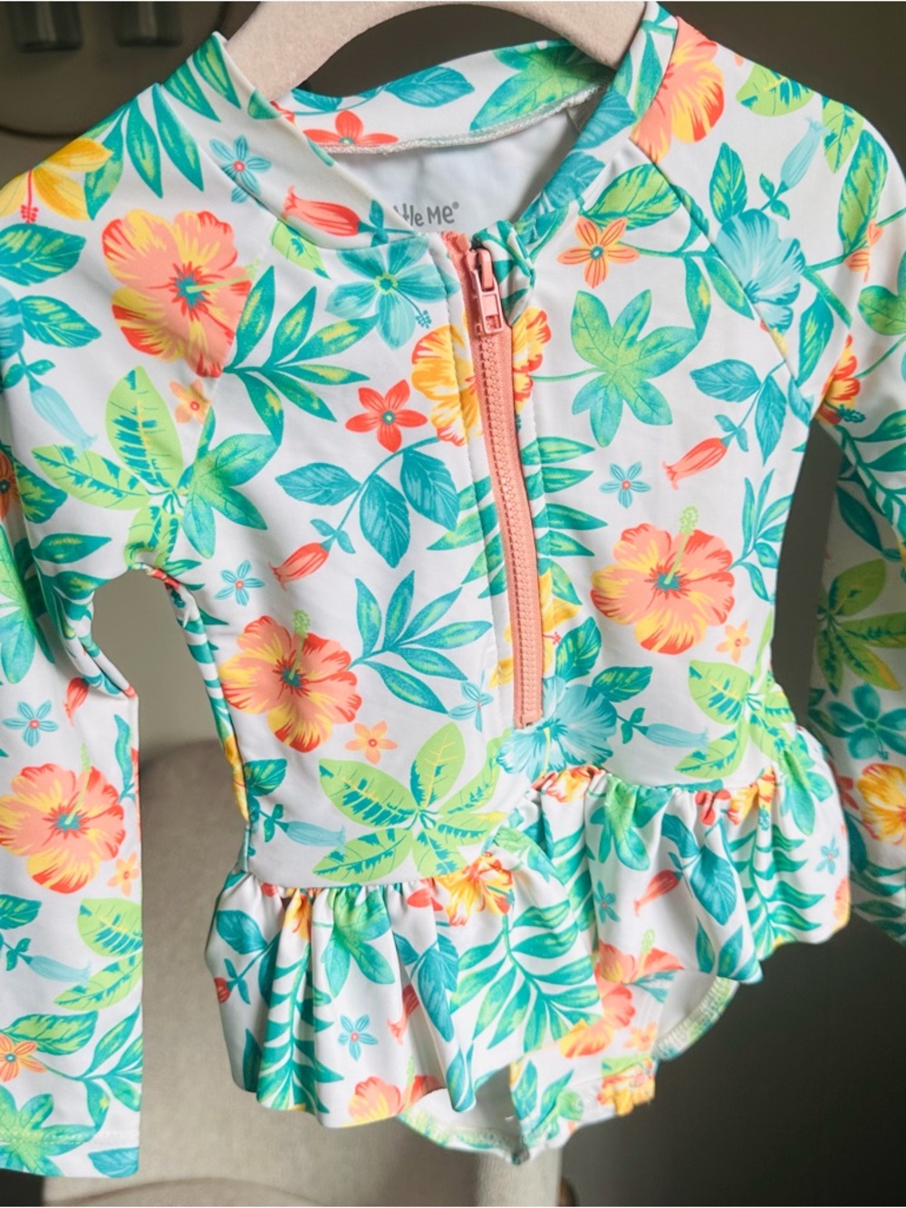 Little Me White Floral Long-Sleeve Rashguard with Coral & Teal Accents